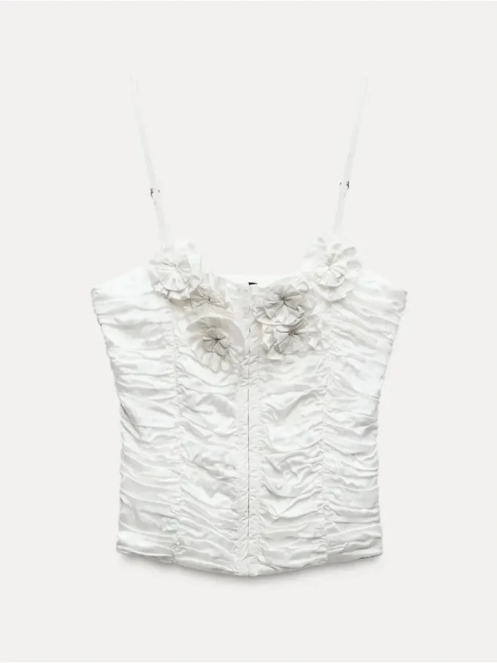 Zara White Ruched Floral-Trim Corset Tank Top